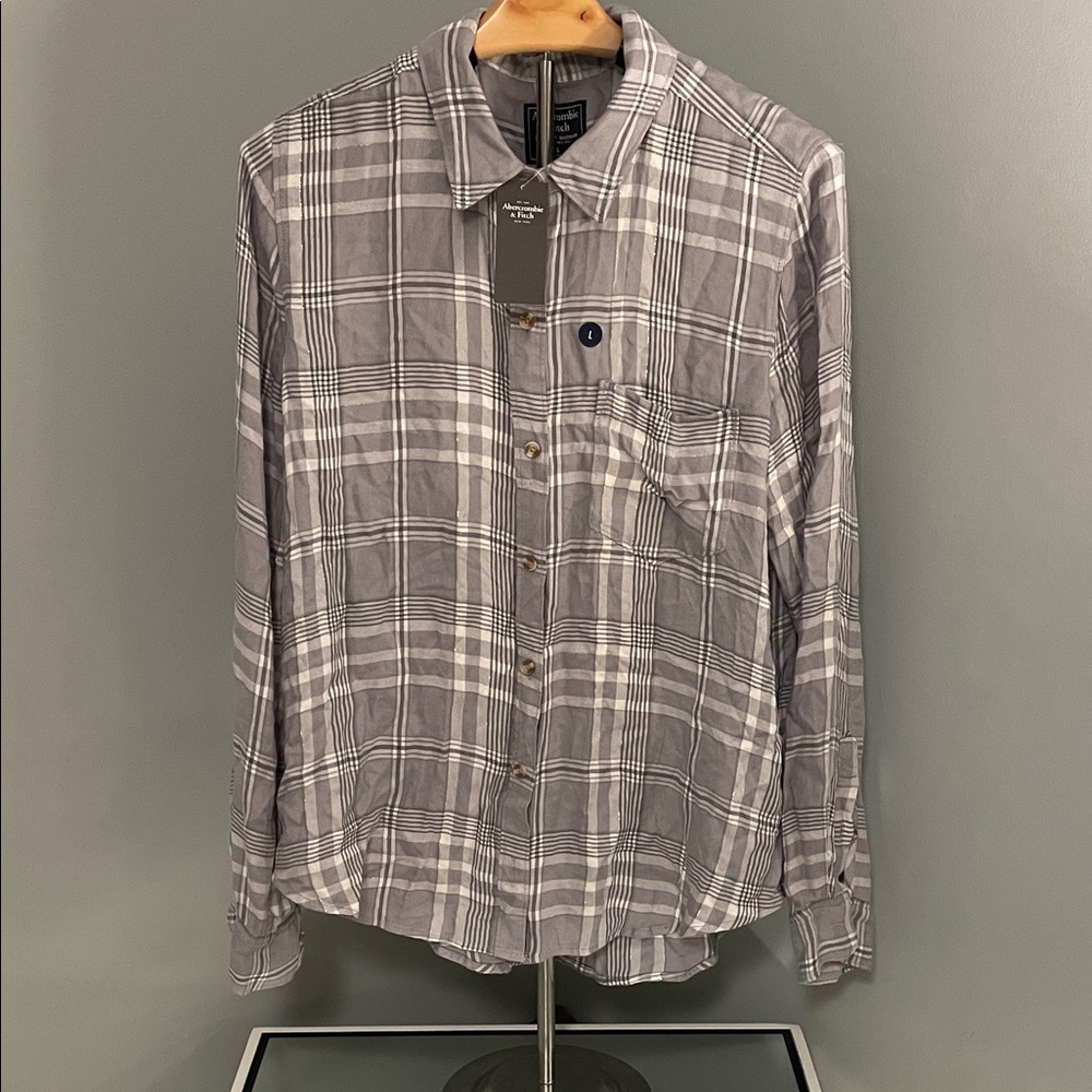 Abercrombie & Fitch Gray Checkered plaid Shirt nwt large metallic thread